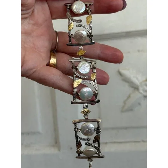 Vintage 90s Modernist Donna Burdic Bracelet Coin Pearls Sterling Gold Leaves